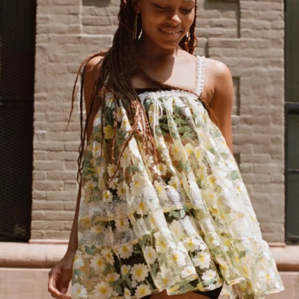 NWOT For Love & Lemons Rachel Sheer Green Floral Mini Dress L $269